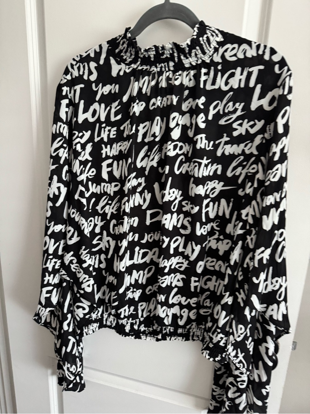 New York & Company Black and White Script-Print Long-Sleeve Top